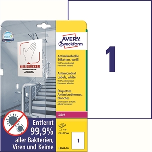 Avery Antimikrobielle Etiketten 210 x 297 mm weiß, 10 Stück.